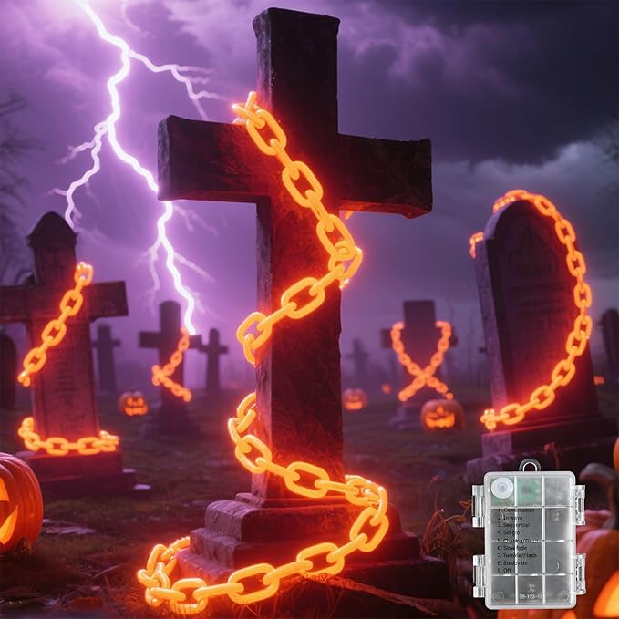 10Ft Battery Operated Plastic Chain Lights for Halloween Decorations, 8 Modes Timer Orange Halloween String Lights Waterproof Lighted Props Chains for Skeleton Dog, Haunt House,Costumes Party Decor