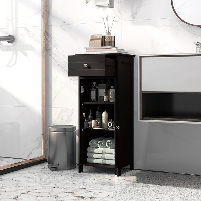 LOKO Bathroom Floor Cabinet, Modern Single Door Storage Cabinet with Drawer & Adjustable Shelves, Corner Narrow Storage Organizer for Living Room, Entryway (Brown)
