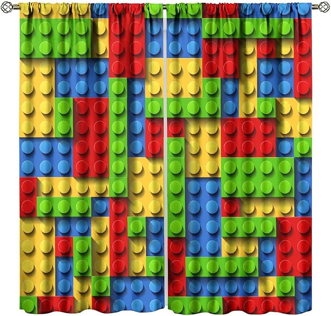 Kids Building Blocks Toy Curtains for Kids Room W72 x L63 Inch Rod Pocket Contour Plastic Colorful Toy Bricks Geometric Print Pattern Curtains for Boys Girls Bedroom 2 Panels