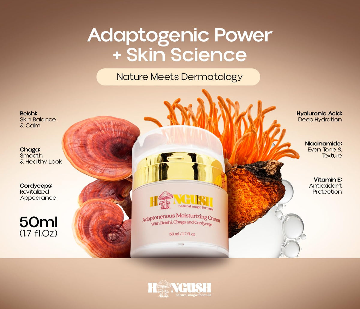HONGUSH Natural Formula Facial Moisturizer (Reishi, Chaga, and Cordyceps) – Lightweight Daily Hydrating Face Cream for Dry and Oily Skin – Non-Greasy Moisturizer – 50 ml
