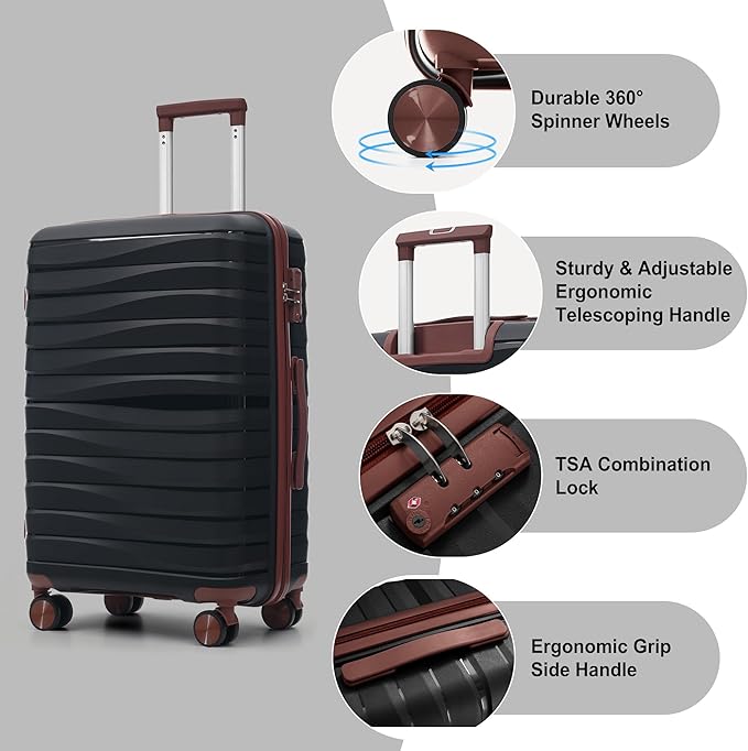 Hardside Luggage Sets, Lightweight Wave Suitcase with Spinner Wheels, PP Black