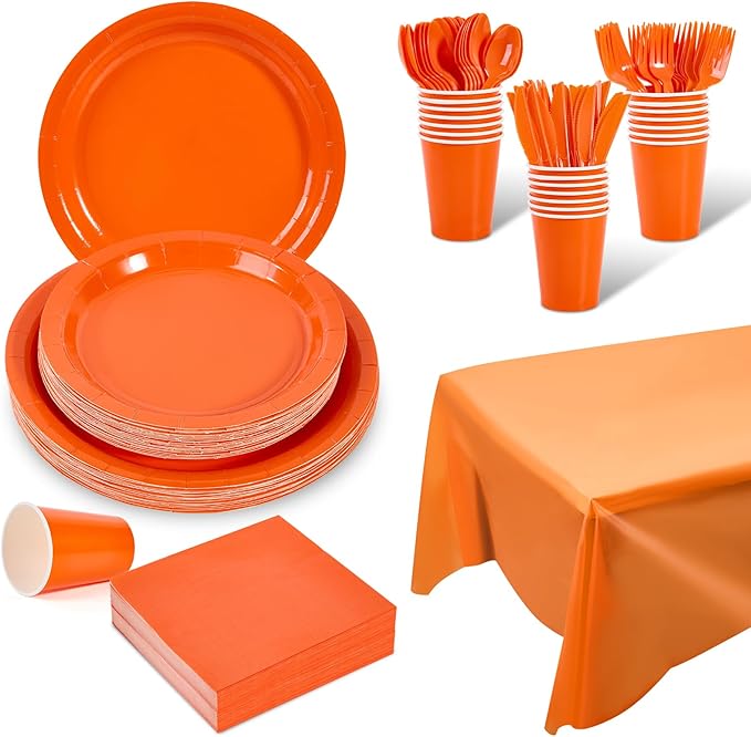 Ottin 169PCS Orange Party Supplies for 24 Guests – Disposable Paper Plates, Napkins, Cups, Forks, Knives, Spoons & Tablecloth for Birthday, Wedding, Halloween, Thanksgiving, Christmas, and New Year