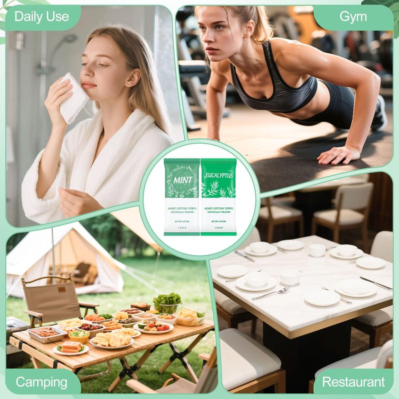 Moist Towelettes, Disposable Pre Moistened Towels Individually Wrapped, Soft Portable Face & Body Wet Towels for Travel Hotel Sport Camping Spa 9.8 inch (Pack of 100, Mint & Eucalyptus Leaf)