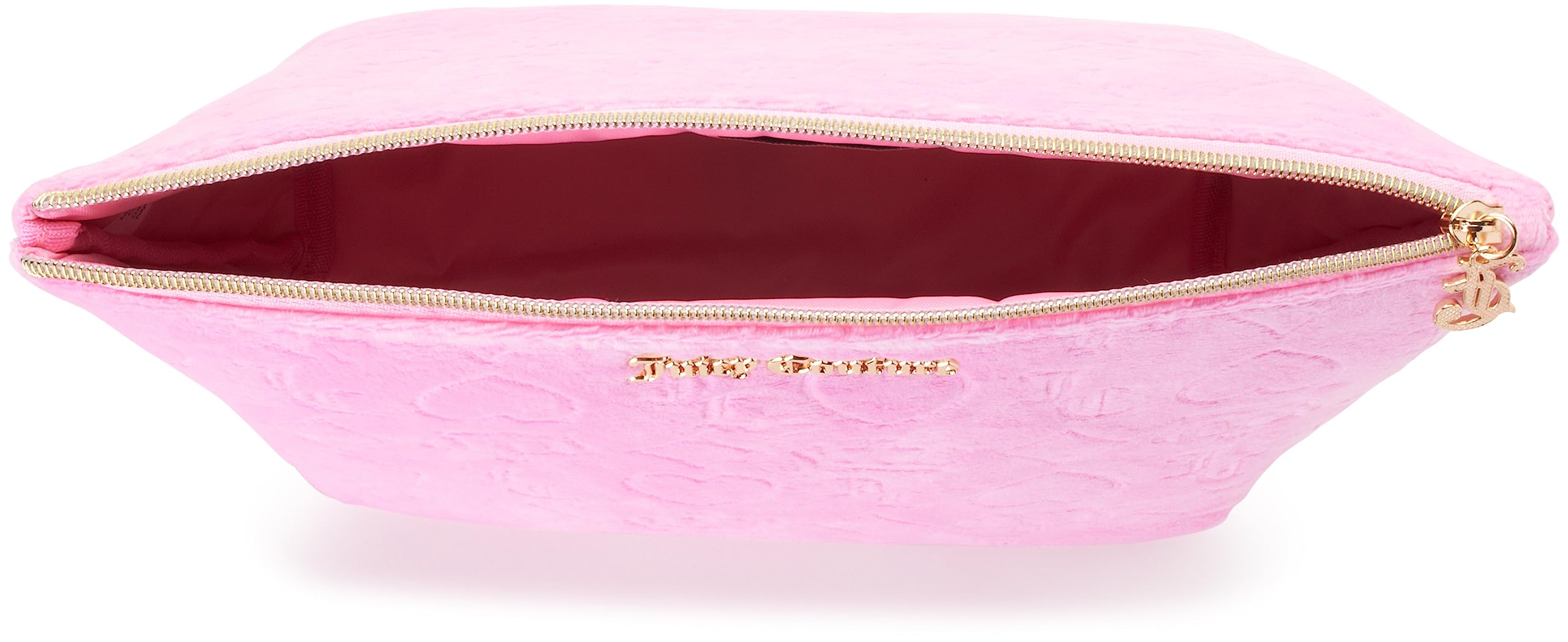 Juicy Couture Pink Makeup Bag Cosmetics Organizer Travel Essentials Zip Top Wedge Velour Heart Crown