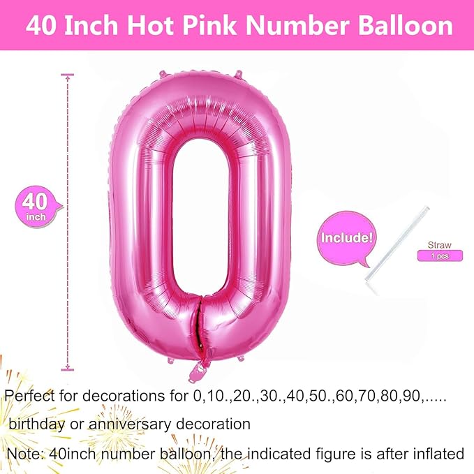Pink Number Balloons, Large Hot pink Number 0 Balloon 40 Inch Pink 0 Balloon for Men Women Boys Girls Birthday Party Decoration