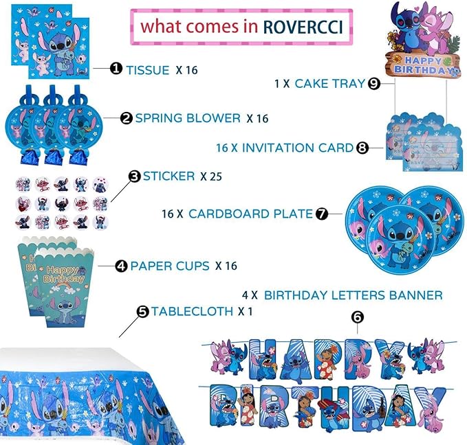 Stitch kids Birthday Party Supplies decoration Set – 125PCS, for16 Guests,1Tablecloth,16 Plates,16Napkins, Banner, Stickers, Cake Topper,16 Invitations card with envolopes,16 Blowouts &16Popcorn Boxes