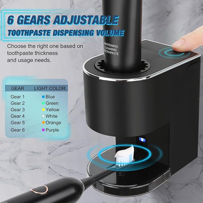 Automatic Toothpaste Dispenser Wall Mounted: Black Electric 6 Adjustable Levels Auto Toothpaste Squeezer Smart Rechargeable Touchless for Kids Adults - Bathroom - Replaceable Parts