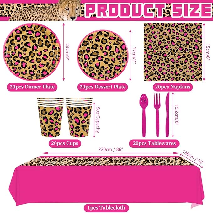 Cheetah Print Birthday Decorations, Pink Cheetah Birthday Decorations Includes Plates, Napkins, Cups, Tablecloth, Tableware for Leopard Party Serves 20 Guests