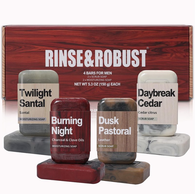Rinse & Robust Bar Soap for Men - 4Pcs Exfoliating & Moisturizing 4-in-1 Cleansing Bar Set for Face, Body, Hands & Shave | All Skin Types | Luxury Fathers Day Gift Set(4 x 5.3 oz)