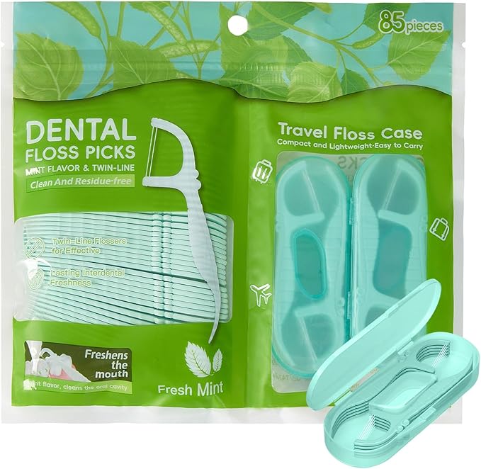 Green Dental Floss Picks Twin Line, Travel Size Toothpicks Floss Sticks Kit 85 Count with 2 Portable Flossers Case On-The-Go Oral Care
