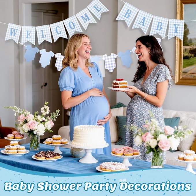 Baby Boy Baby Shower Banner, 2 PCS Pre-strung Blue Gingham Welcome Baby and Body Cloth Banner for Baby Boy Shower Party Decoration (welcome baby-bodysuits)