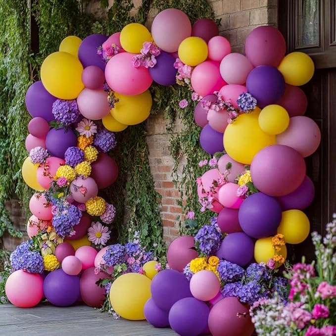 Pink Yellow Balloon Arch - Double Stuffed Hot Pink Purple Balloons Different Size Latex Magenta Balloon Garland for Happy Birthday Baby Shower Wedding Fall Mexican Party Decorations