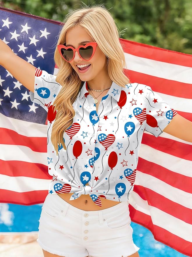 4th of July Shirts Women American Flag Patriotic Shirt Independence Day Short Sleeve Button Down Outfits