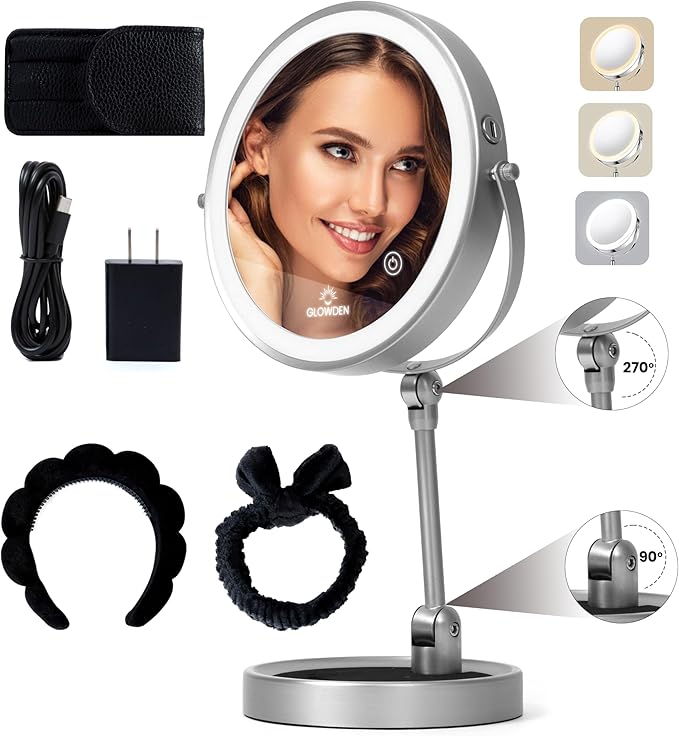 Smart 9" LED Light Makeup Mirror, Rechargeable, 1X/10X Magnifying Vanity Mirror with 3 Color Lights, Height Adjustable, Large Tall 360° Swivel Double Sided Standing Travel Mirror (Nickel)