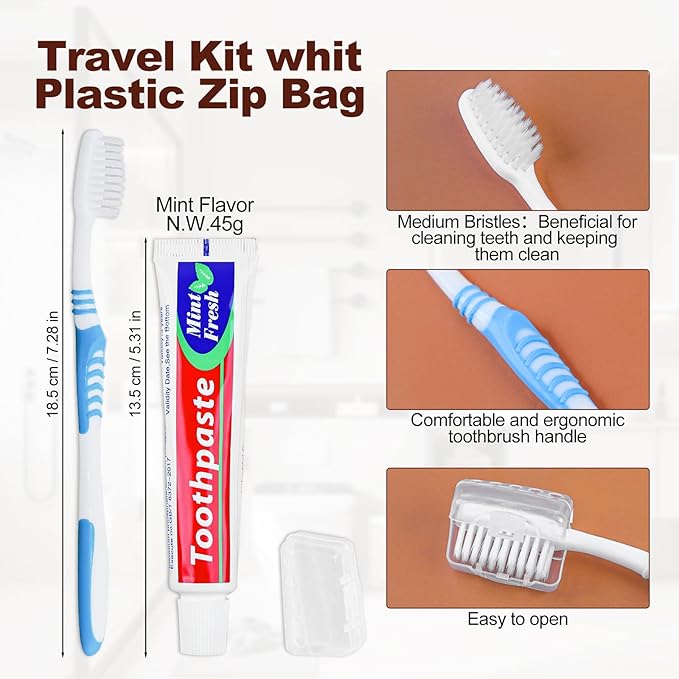 Disposable Toothbrushes with 45 Grams Toothpaste Individually Wrapped, Travel Kit Whit Plastic Zip Bag,Toothbrush Head Cover, Bulk Toothbrush for Homeless,Travel,Shelter,Air Bnb,Hotel,Guest (20)