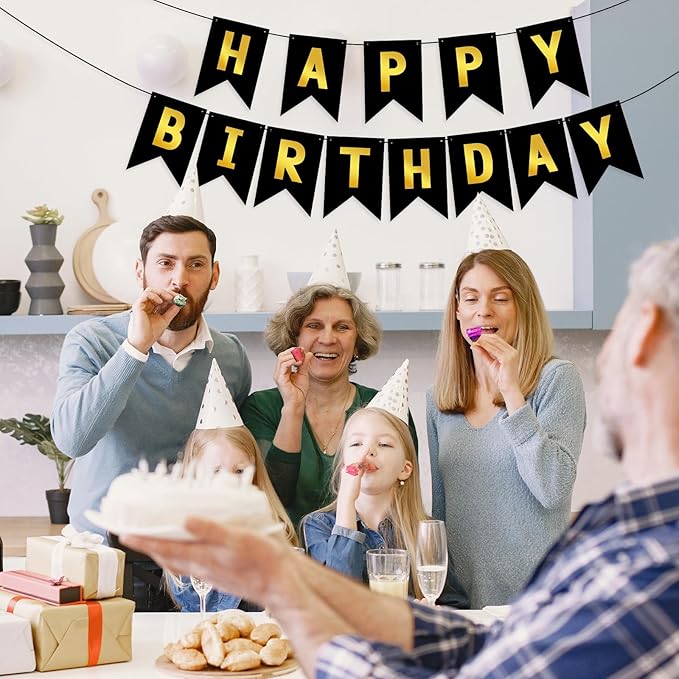 Black Happy Birthday Banner Sign Black Gold Bunting Banner Garland for Kids Girl Woman Birthday Tea Party Decorations Bunting Flag Birthday Party Supplies