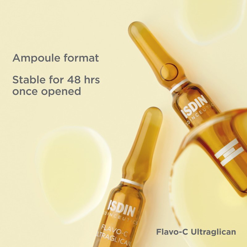ISDIN Isdinceutics Flavo-C Ultraglican Vitamin C and Hyaluronic Acid Brightening and Antioxidant Day Serum for Face - 10 ampoules, 0.06 FL OZ x 10