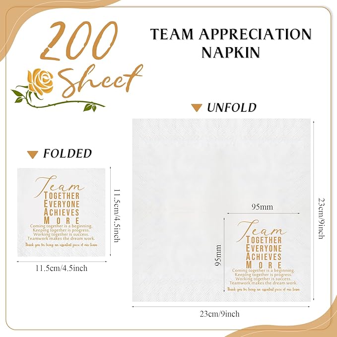 Kosiz 200 Pack Team Appreciation Napkins Gift Inspirational Employee Office Paper Napkins 3 Ply Disposable Papers for Coworkers Volunteer Thank You Party Dinner Decor, 4.5 x 4.5 Inch