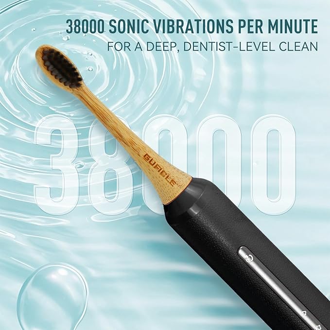 Bamboo Electric Toothbrush for Adults丨Rechargeable Electric Toothbrush with 3 Non Toxic Charcoal Infused Bamboo Brush Heads, 5 Cleaning Modes, 60 Days Battery Life, IPX7 Waterproof-Black