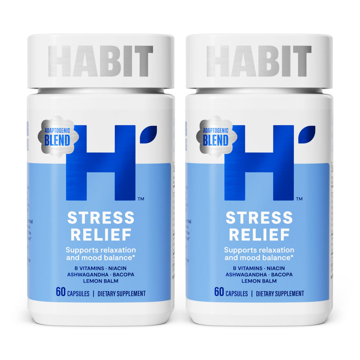 Habit Stress Relief Supplement 2 Pack (120 Capsules) - New Look, Supports Relaxation & Mood Balance, Vitamin B, Adaptogens, Lemon Balm, Calming, Vegan, Non-GMO