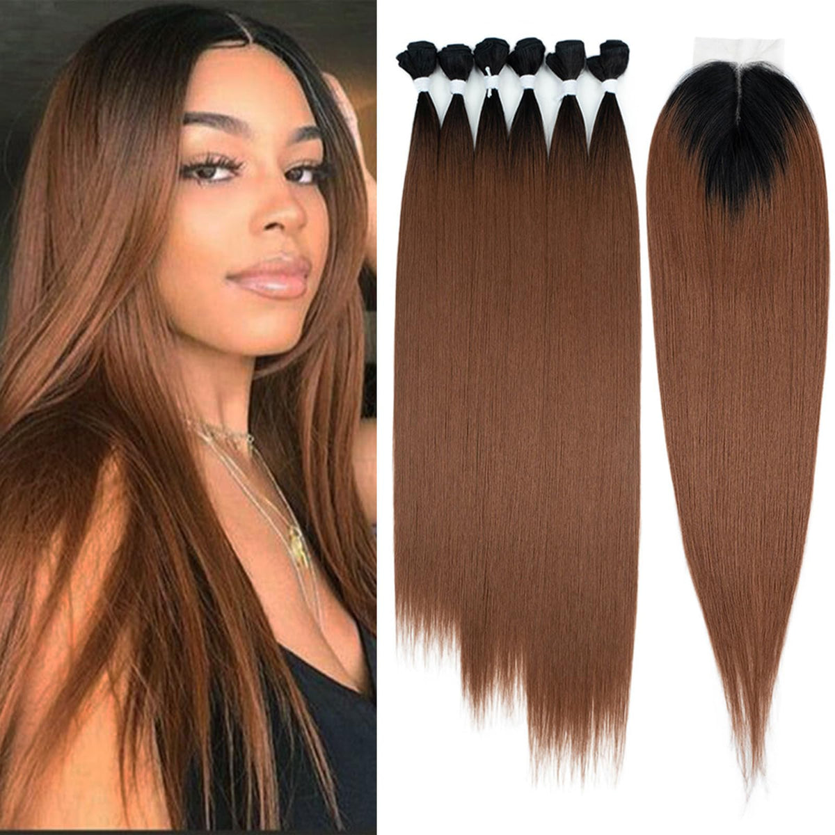 DÉBUT Silky Straight Synthetic Hair 6 Bundles with Lace Closure Long Straight Hair Bundles Weave Hand-Tied Middle Parting Lace Closure Ombre Brown 1B/30 Color for Full Head