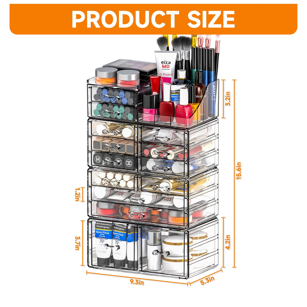 Cq acrylic Make Up Organizers for Vanity With 14 Drawers, 4 Pack Clear Drawer Organizers,Plastic Cute Desk Accessories Organization and Bathroom Organizers Storage Case Box Cube for Beauty,Skin Care