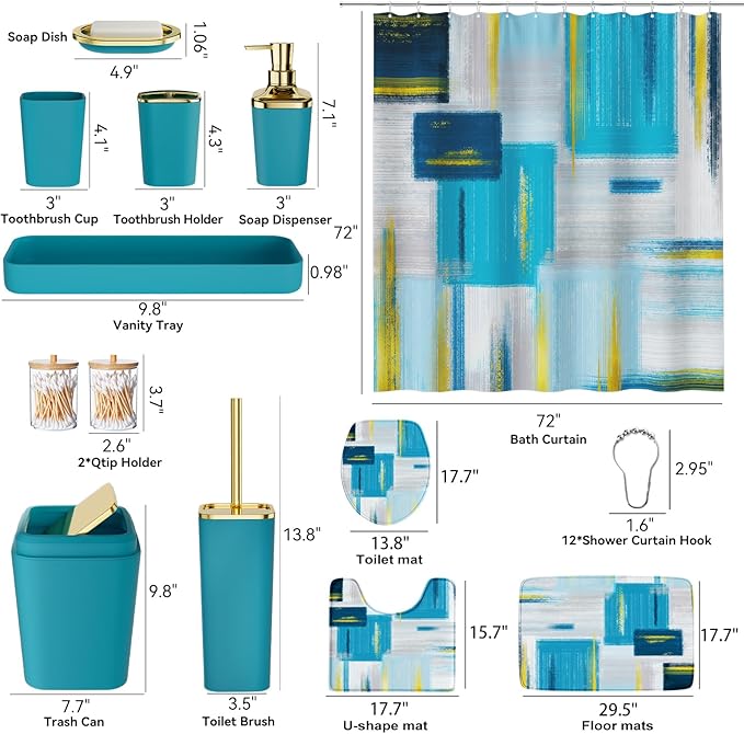 Bathroom Set - Teal Blue Bathroom Accessories Set, Bathroom Sets with Shower Curtain and Rugs, Teal Blue Shower Curtain Set with Bathroom Trash Can, Soap Dispenser, Soap Dish for Home Decor