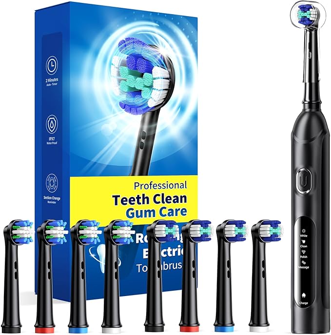 TEETHEORY Rotating Electric Toothbrush for Adults with 8 Brush Heads (2 Types), 4 Modes Deep Clean Electric Toothbrush with Rechargeable Power and 2 Min Smart Timer (1- Black, p1)