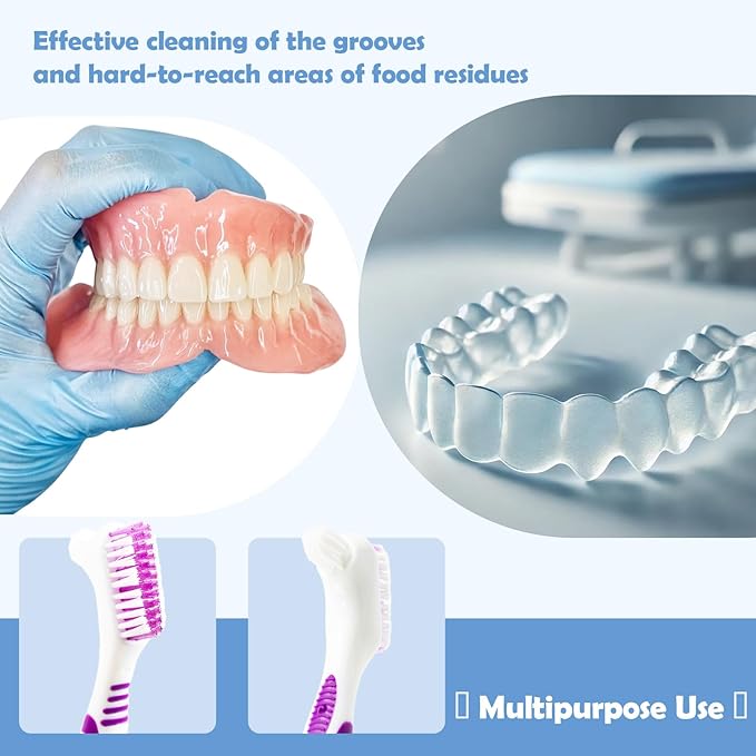 4 Pcs Denture Cleaning Brush and 1 Pcs Storage Case, Portable Denture Toothbrush, Retainer Brush with, Double Sided Toothbrush (4 Colors and Blue)
