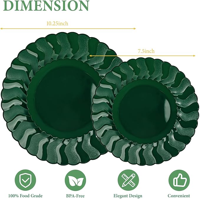 Lullaby 60PCS Green Scalloped Plastic Plates, Disposable Elegant Party Plates Include 30pcs Dinner Plate 10.25", 30pcs Plastic Dessert Plate 7.5", Perfect for Wedding and Party