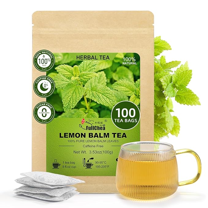 FullChea - Lemon Balm Tea Bags, 100 Count - Pure & Natural Dried Lemon Balm Leaves - Melissa Officinalis - Caffeine-free Herbal Tea for Relaxation - Non-GMO