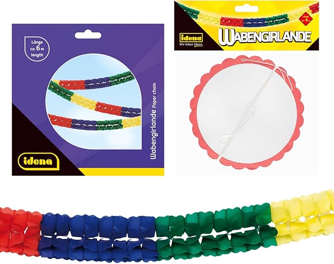 Idena 90122 – Colourful Garland, Pack of 2, 6 m and 4 m, Honeycomb Garland, Decoration, Carnival, Children's Birthday Party