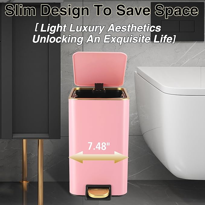 Pink Bathroom Accessories Set 8 Piece Pink and Gold Bathroom Set, Bathroom Sets with Stainless Steel Trash Can,Toilet Brush,Toothbrush Set,Soap Dispenser