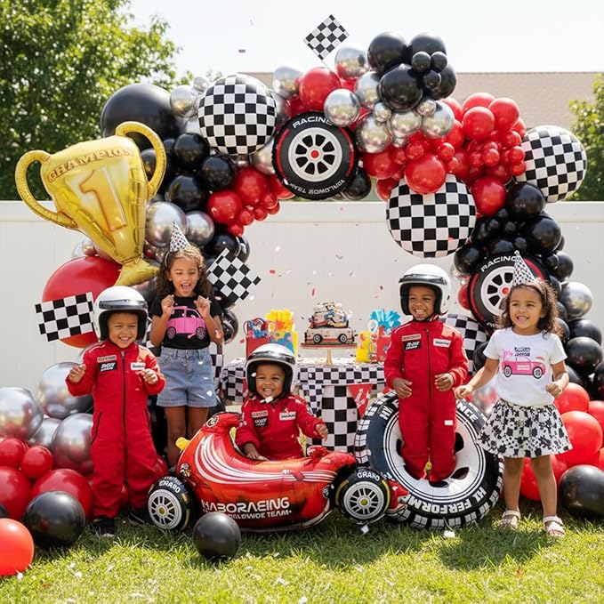 Race Car Balloons Arch Kit -Trophy, Flags, Cars, Tire, Checkered, Wheels and Red Black Silver Balloon Garland Kit for Racing Car Theme Two Fast 2nd Boy Birthday Anniversary Party Decorations
