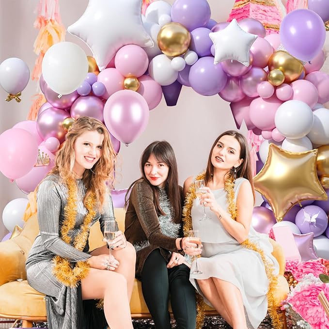 FunHot Pink Purple Balloon Arch Kit, Princess Balloon Garland, Pastel Pink Purple White Balloons Metallic Gold Star Foil Balloons for Girls Baby Shower Wedding Bridal Shower Birthday Party Decoration
