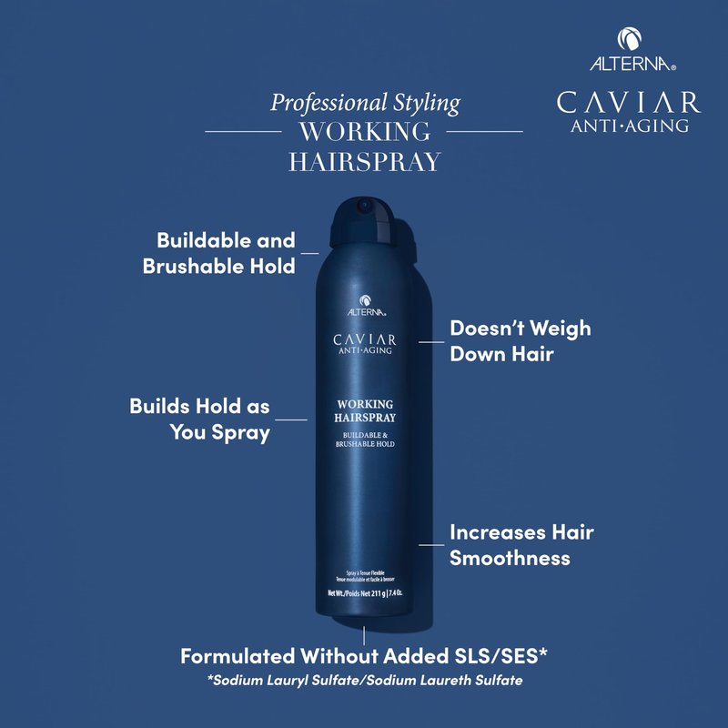 Alterna Haircare CAVIAR Anti-Aging Working Hairspray Travel Size 3 Fl Oz | Buildable, Brushable Hold | Helps Control Frizz and Adds Shine | Sulfate Free