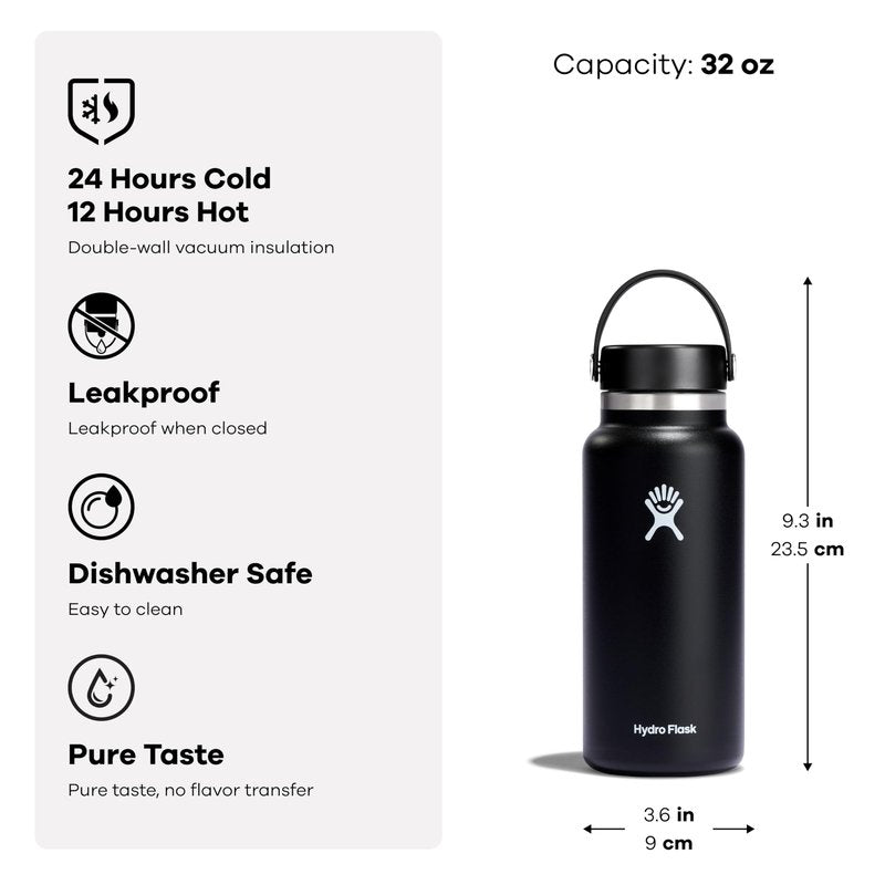 Hydro Flask Water Bottle - Insulated Stainless Steel - Wide Mouth Flex Lid, Non Spill, Leakproof and Refillable in 32 Oz White