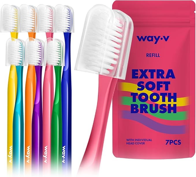 WAY.V Extra Soft Toothbrush Refill for Adults Sensitive Gums and Teeth with Individual Head Covers, 7 Pcs Manual Toothbrushes - Family and Guests - Pink (7 Counts, Soft Bristle)