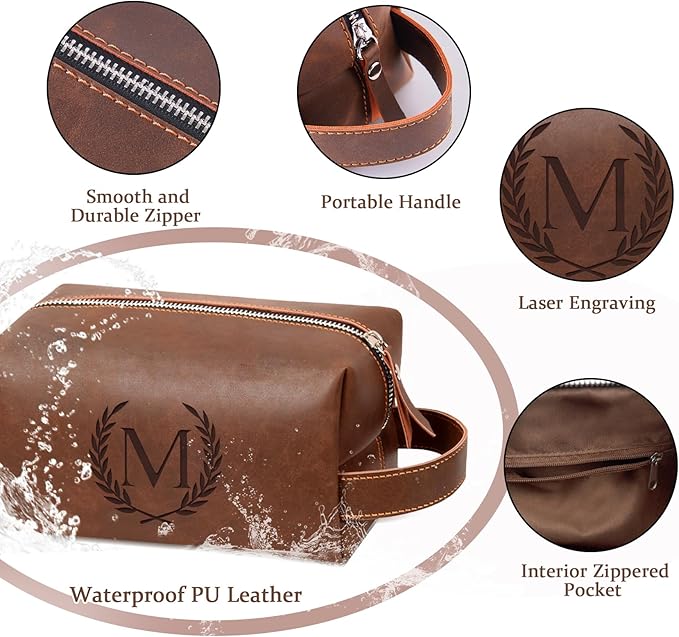 Personalized Dad Gifts from Daughter Son Travel Toiletry Bag for Men, Laser-Engraved Initial Waterproof Shaving Bag Easter Fathers Day Birthday Gift for Father New Dad Papa, Reddish Brown A