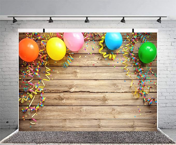 Sensfun 7x5ft Wood Photography Backdrop Colorful Carnival Balloons Streamers on Rustic Wooden Board Photo Background for Happy Birthday Party Cake Table Photobooth Banner Photo Studio Props(WP045)