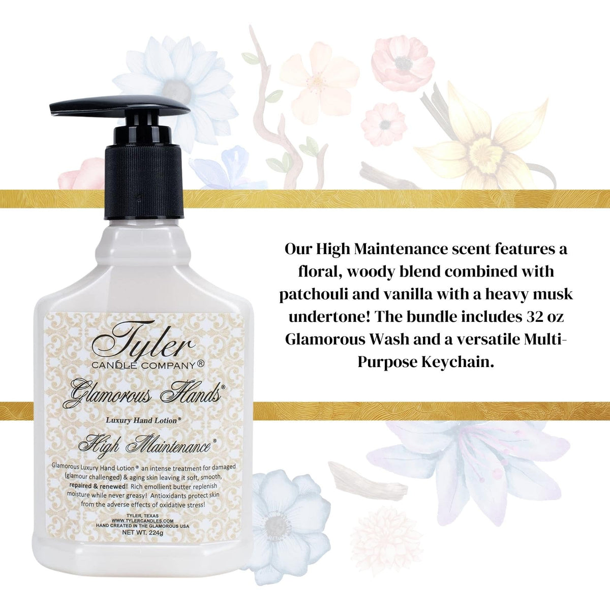 Worldwide Nutrition Bundle: Tyler High Maintenance Hand Lotion - Scented and Small Hand Cream For Dry Hands - 8 Oz Travel Size Luxury Hand Moisturizer and Multi-Purpose Key Chain