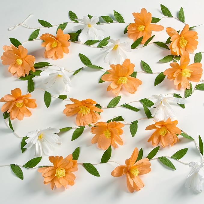 2PCS Paper Flower Garland, Paper Leaves Banner Vine Flowers with Green Leaves Crepe Flower Garland Decorations for Wall Anniversary Wedding Birthday Arch Decor-Orange