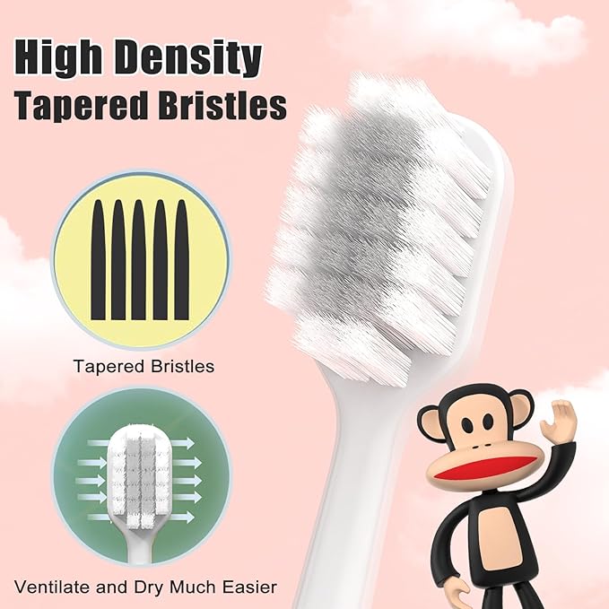 Paul Frank Soft Toothbrush for Adults - High Density Manual Toothbrushes with Dual-Color Tapered Bristles, Gentle Daily Care for Sensitive Teeth and Gums (1 Count (Pack of 4))