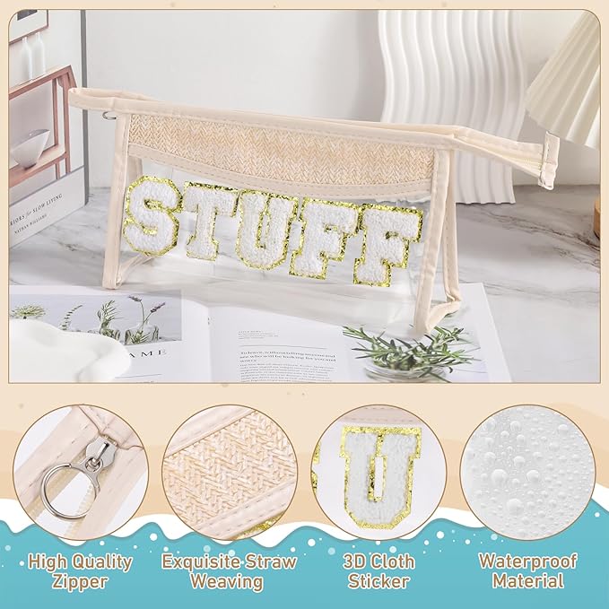 Etercycle Boho Straw STUFF Bag, Clear Waterproof Beach Bag Small Zipper Makeup Bag, Chenille Letter Patch Cosmetic Bag Holiday Vacation Summer Beach Gifts for Summer Travel