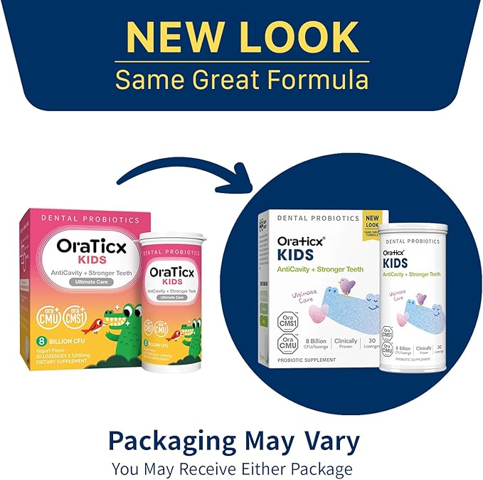 OraTicx Kids Dental Probiotics for Anti-Cavity + Healthy Teeth and Gums, 8 Billion CFU Probiotics for Oral Health, Yogurt Flavor 1-PK