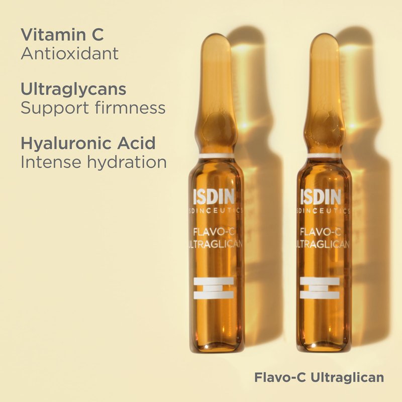 ISDIN Isdinceutics Flavo-C Ultraglican Vitamin C and Hyaluronic Acid Brightening and Antioxidant Day Serum for Face - 10 ampoules, 0.06 FL OZ x 10