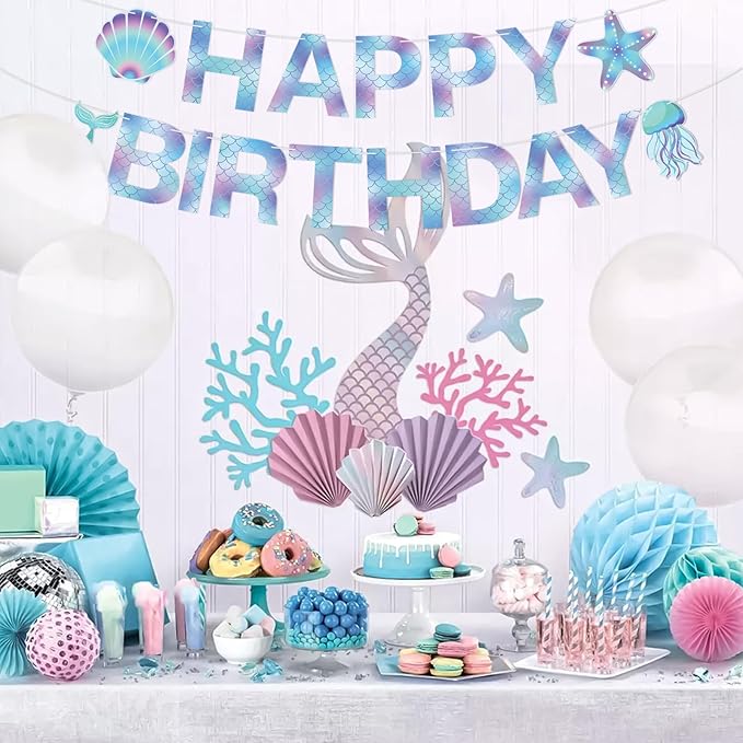 Mermaid Birthday Banner Sign, Mermaid Happy Birthday Bunting Banner Flag Garland for Girls Kids Baby Party, Baby Shower Decorations Supplies