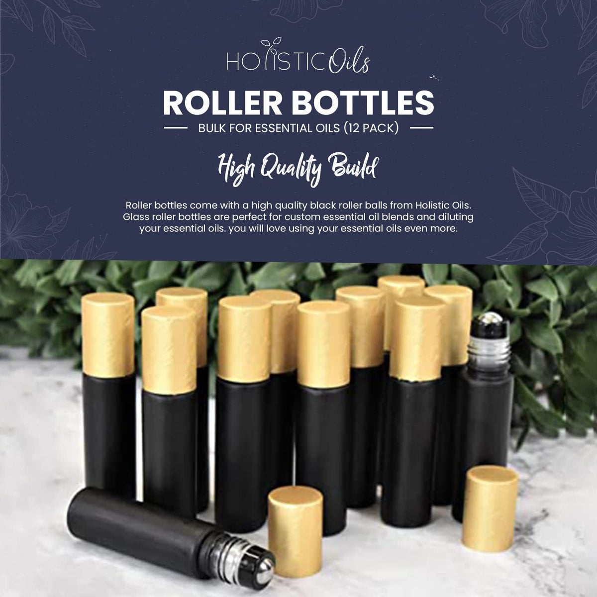Essential Oil Roller Bottles, Black 10ml Leakproof Rollers – Thick Black Glass with Brush Gold Lid, Updated Stainless Steel Roller Ball Insert for Oils, Aromatherapy – 12 Pack
