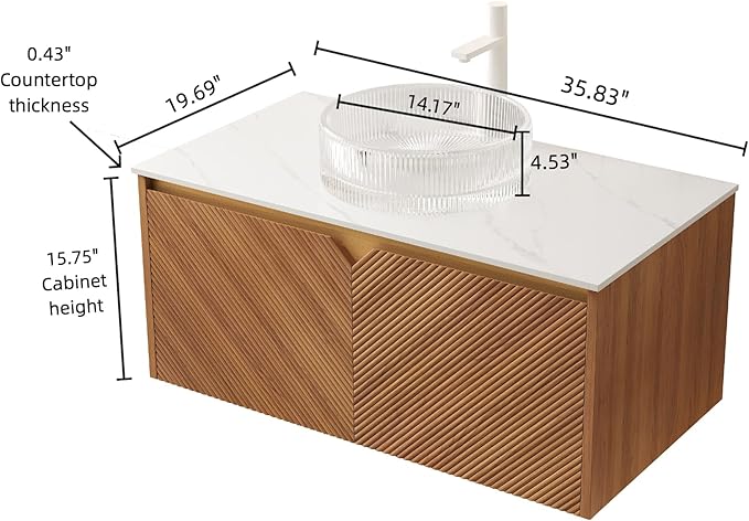36 Inch Floating Bathroom Vanity with Vessel Sink, Fluted Modern Cabinet with 2 Doors, Glass Vessel Ceramic Sink & Sintered Stone Top, Oak