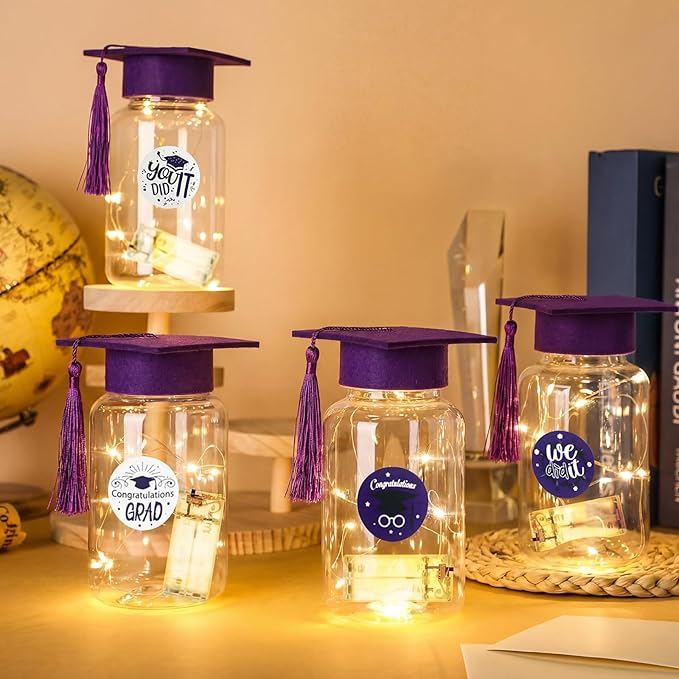 Boao 16 Sets Graduation Table Decoration Set with LED Light up Graduation Decorations for Class of 2026, Grad Jar, Felt Grad Hat and Stickers for High School College(Purple,Vivid)
